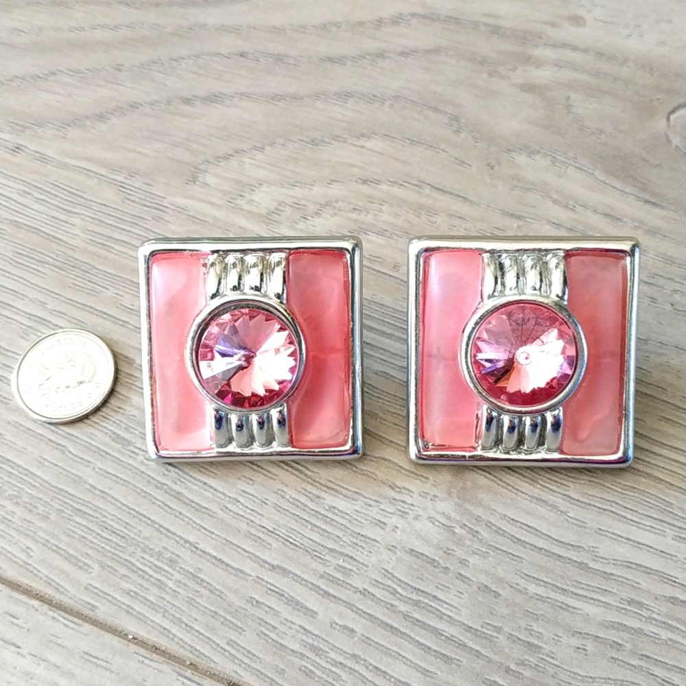 Pink Square Crystal Accent Clip-On Earrings - Unknown Brand
